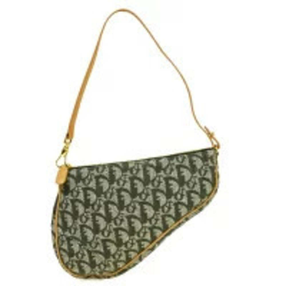 Christian Dior Trotter Saddle Bag Shoulder Green Canvas Leather